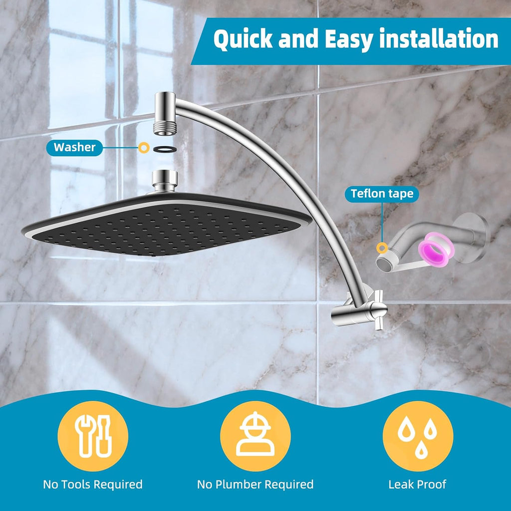 Rain Shower Head with 12" Shower Head Extension Arm, 10" High Pressure Boosting Rainfall/Fixed Showerhead