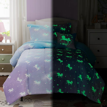 Kids Comforter Set for Girls, Glow in The Dark Unicorn Bedding Set 1 Comforter, 1 Decor Pillow, 2 Pillow Shams