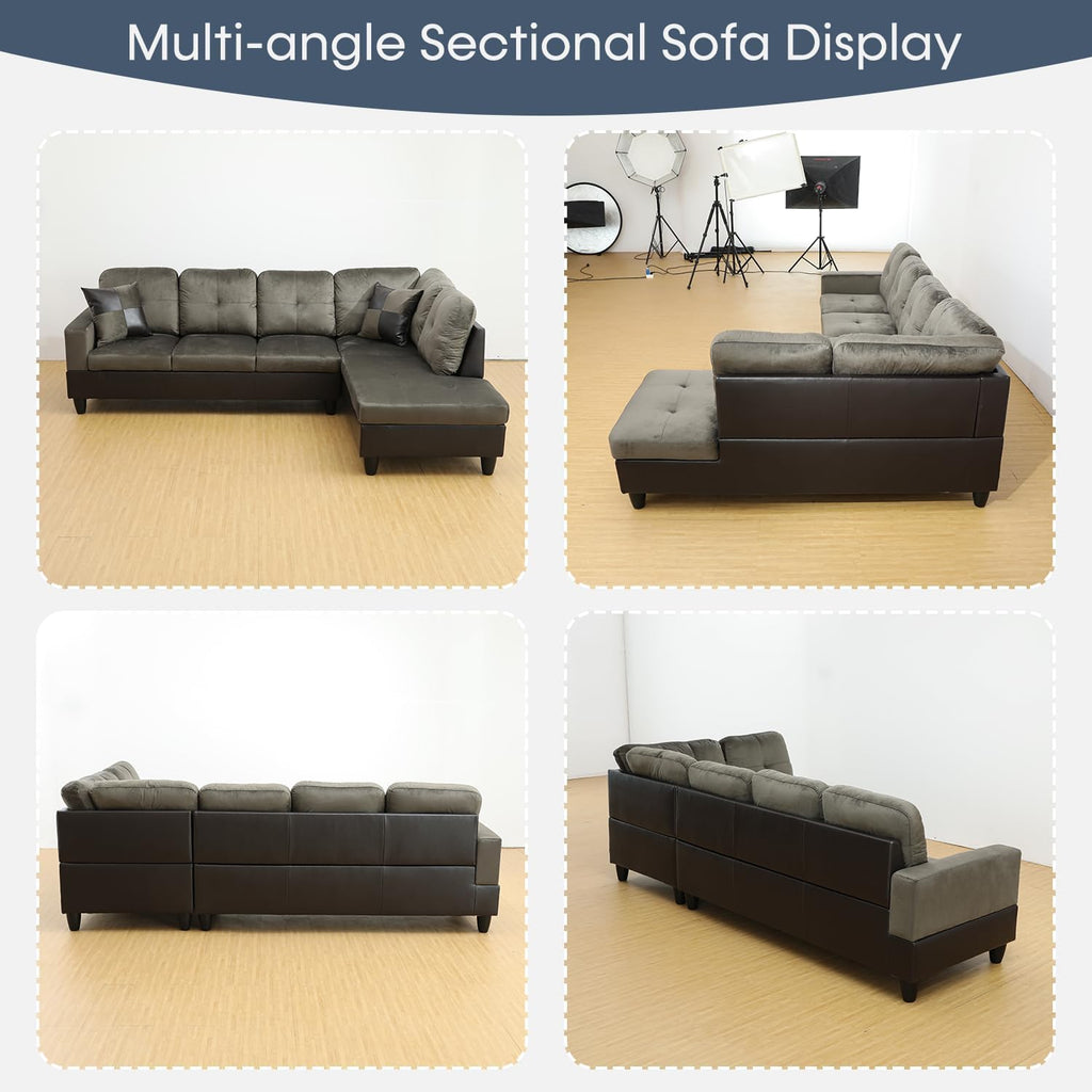 105 Inch L Shaped Sectional Sofa Couch, 4 Seat Modern Fabric Flannel Taupe, 2 Pieces, Includes 2 Pillows, Easy