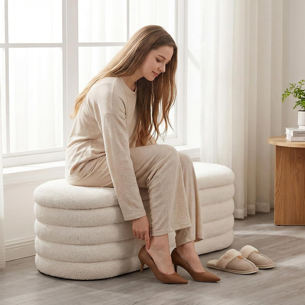 Storage Ottoman Bench, 45'' Upholstered Boucle Ottoman with Storage, Aesthetic Bedroom Bench Entryway, Beige