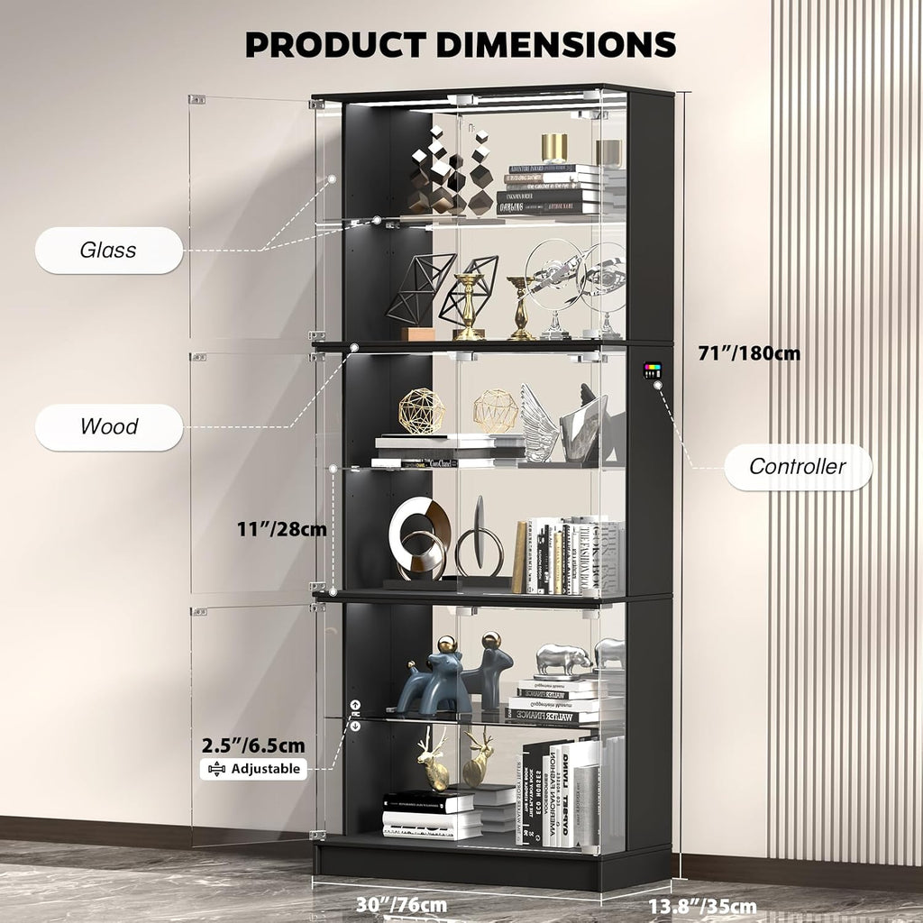 71'' Tall Display Cabinet with Glass Doors and RGB Lights, Black