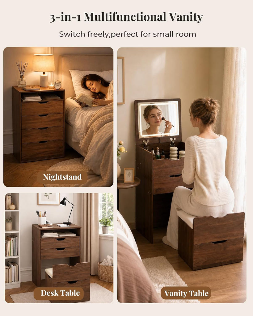 Small Vanity with Mirror and Lights for Small Space, 3-in-1 Compact Makeup Vanity Desk with Storage, Flip Top Vanity