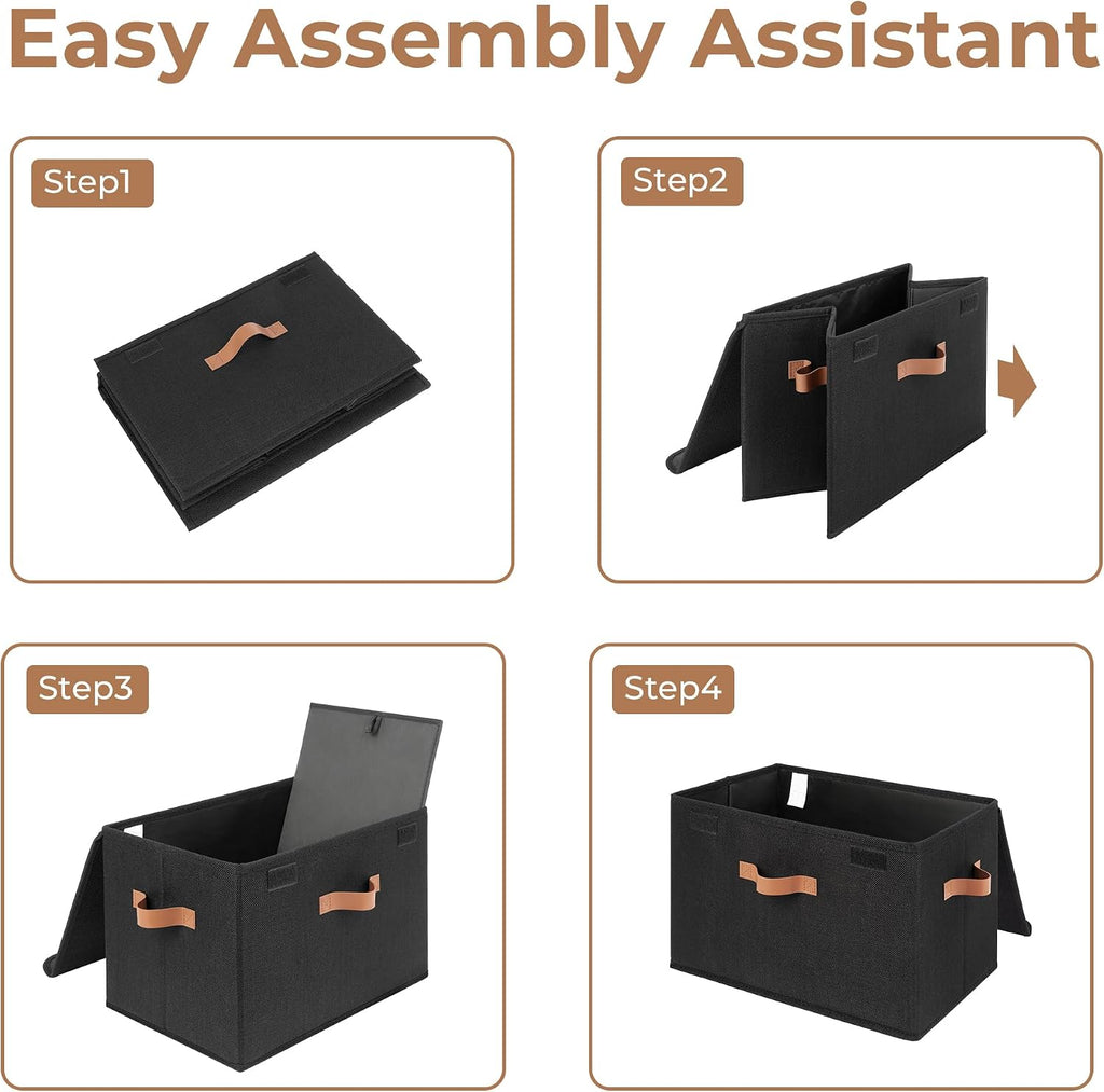 Black Storage Bins with Lids, Decorative Storage Boxes with PU Handles, Linen Closet Organizer, Storage Baskets for