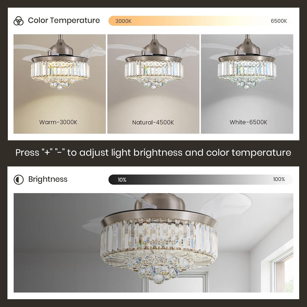 36 Inch Crystal Chandelier Fan, Ceiling Fan with Light and Remote Control, Invisible Retractable Fandelier, Dimmable