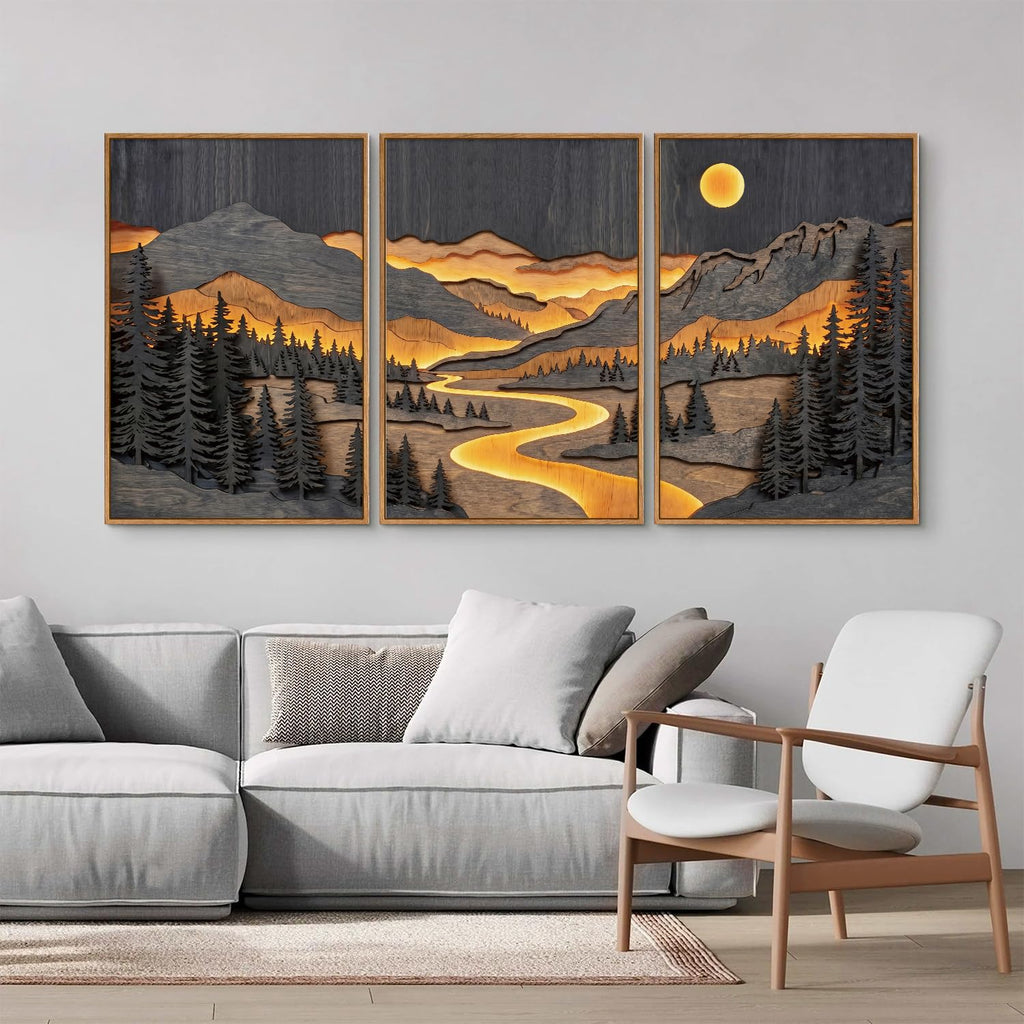 Dark Mountain Framed Canvas Wall Art, Rustic Nature Woodland Landscape Wall Decor, Woodcut Pine Trees Artwork, Retro