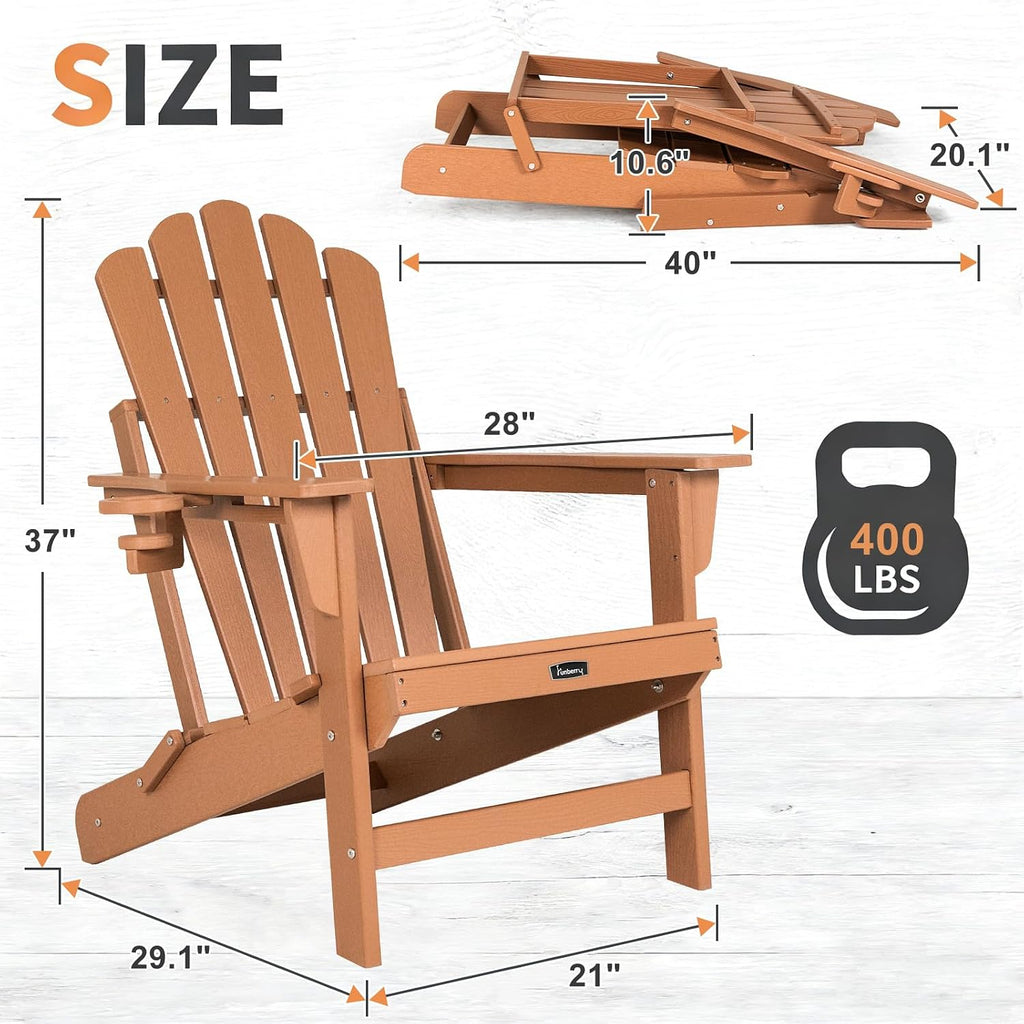 Folding Adirondack Chair Set of 2, Fire Pit Chairs with Cup Holder | Wood-Grain, HDPE All Weather, Quick-Folding, No