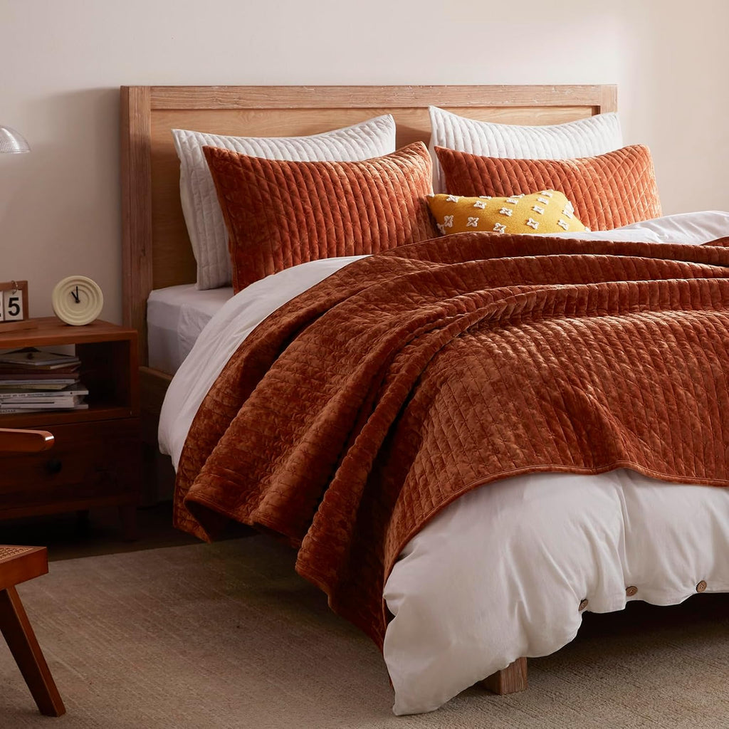 Velvet Quilt California King 118''x106'', Lightweight Burnt Orange Velvet Comforter Set with 2 Matching Shams, Soft