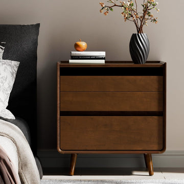 25.43" Walnut Finish Nightstand with Charging Station Mid Century Modern Night Stand with Leg Wood Bedside Table with
