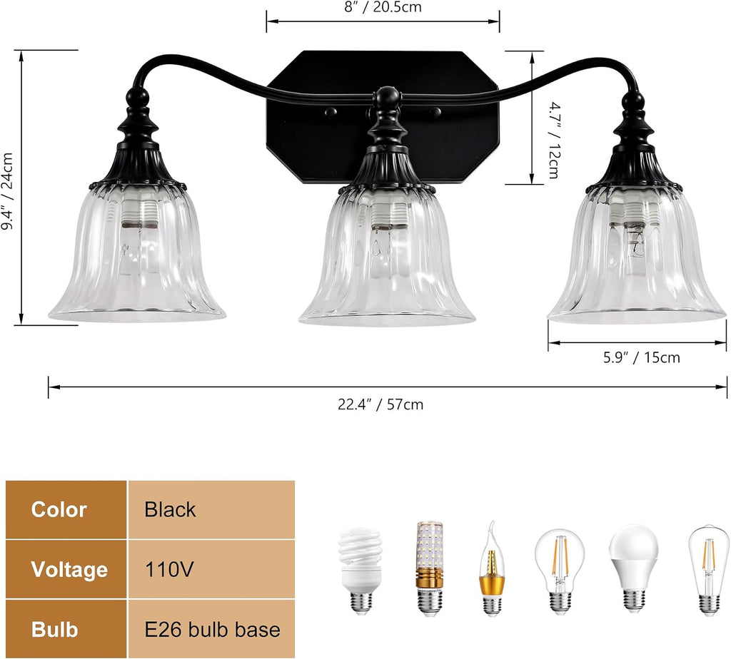 3-Light Bathroom Vanity Light, Matte Black with Crystal Glass Shade | Metal Material,Mounted Over Mirror, Easy To