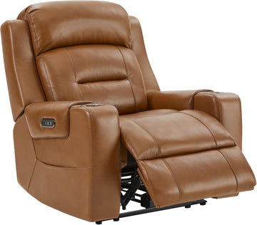 Genuine Leather Power Recliner Chairs for Adults, Lay Flat Recliner with Power Headrest, USB Ports and Cup Holders