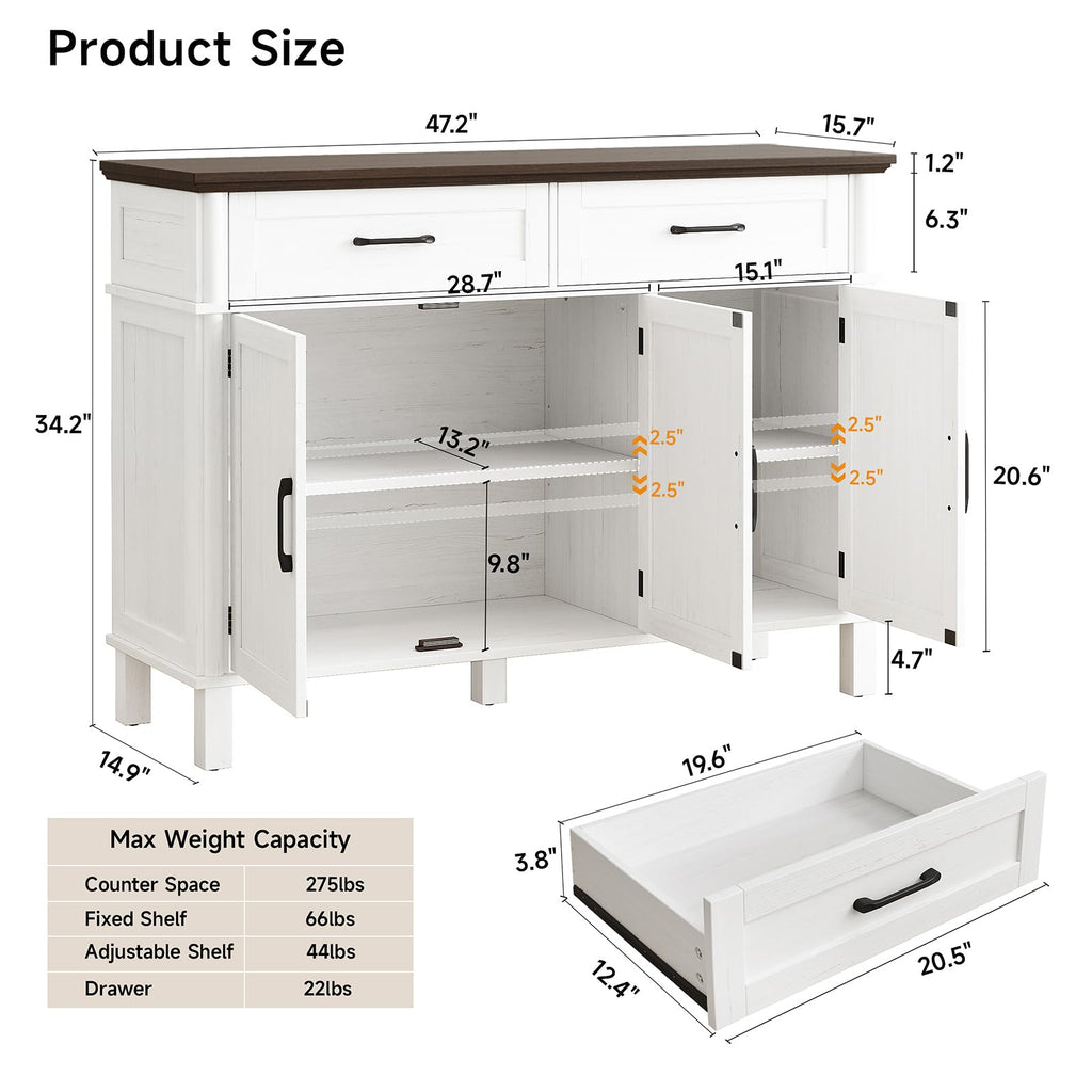 48 Inch Buffet Cabinet with Storage, Off White&Walnut