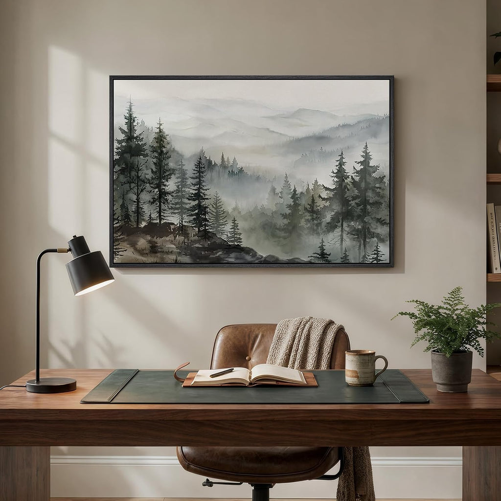 Framed Mountain Foggy Forest Landscape Wall Art, Horizontal Nature Watercolor Canvas Artwork for Walls, Misty Pine