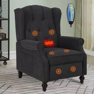 Wingback Recliner Chair with Massage & Heat, Mid Century Push Back Accent Chairs with Tufted Back, Nailhead Trim &