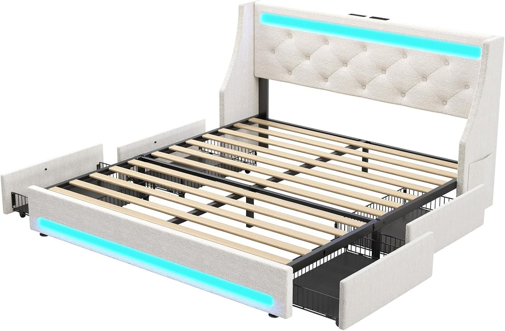 Queen Bed Frame with LED Lights and Charging Station, Upholstered Bed with Drawers, Wooden Slats, Noise Free