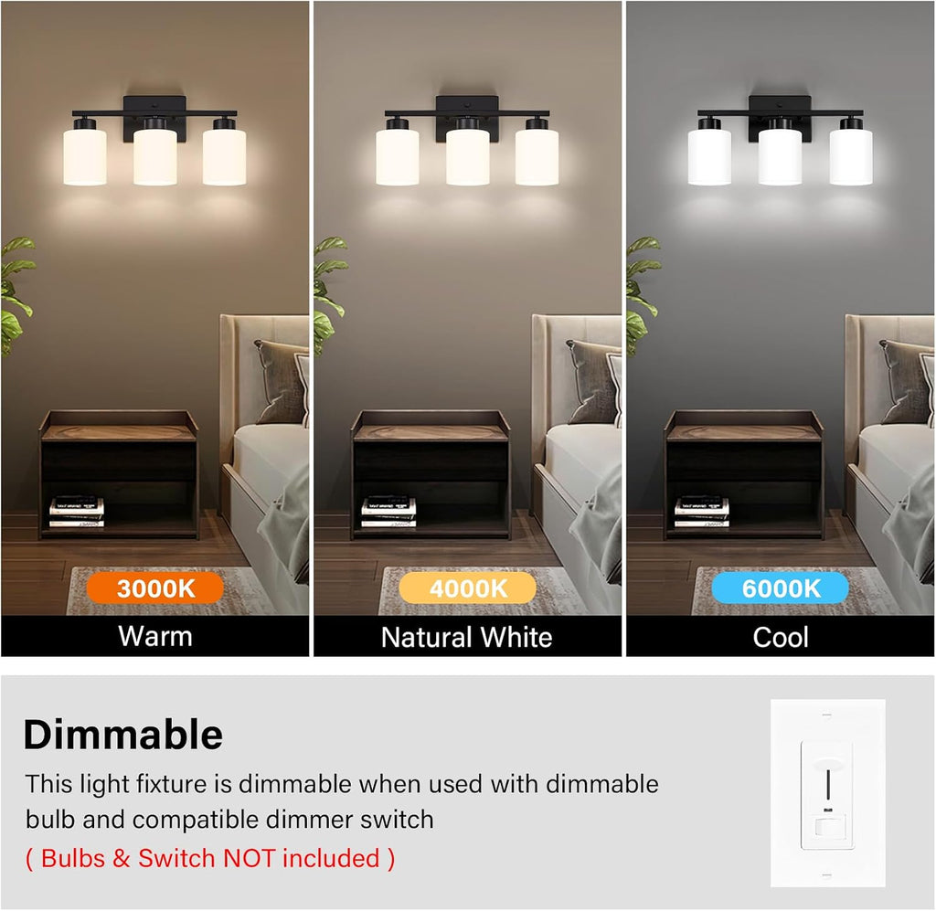 Black Bathroom Light Fixtures Vanity Lights Over Mirror | Modern 3-Light lighting fixtures with Milky White Frosted