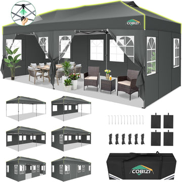10x20 Pop Up Canopy Tent with 6 Removable Sidewalls, Outdoor, Gray | One-Push Setup, Air Vent, 3 Adjustable Heights