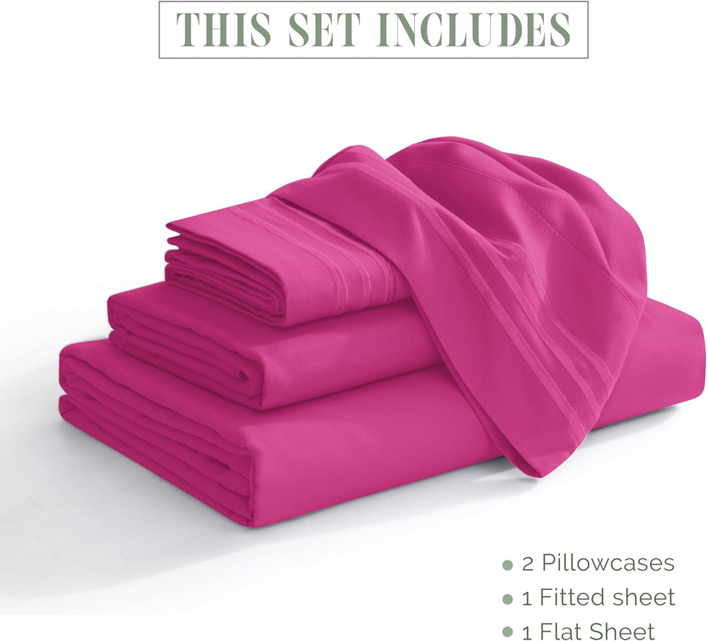 Luxurious 1500 Premium Hotel Quality Microfiber Three Line Embroidered Softest 4-Piece Bed Sheet Set, Wrinkle and