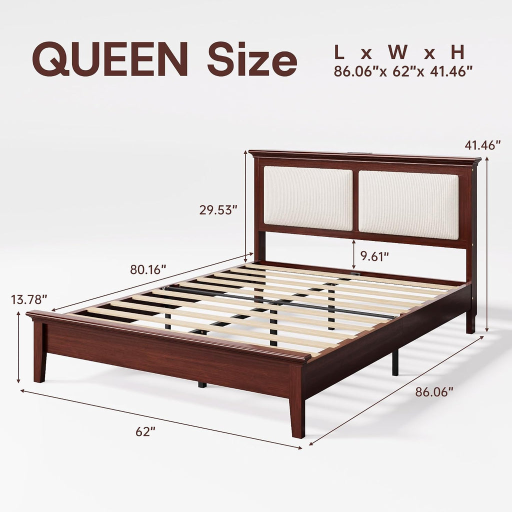 Queen Bed Frame with Headboard, Solid Wood Bed Frame Queen with Charging Station & RGB LED, Wood Slats Support