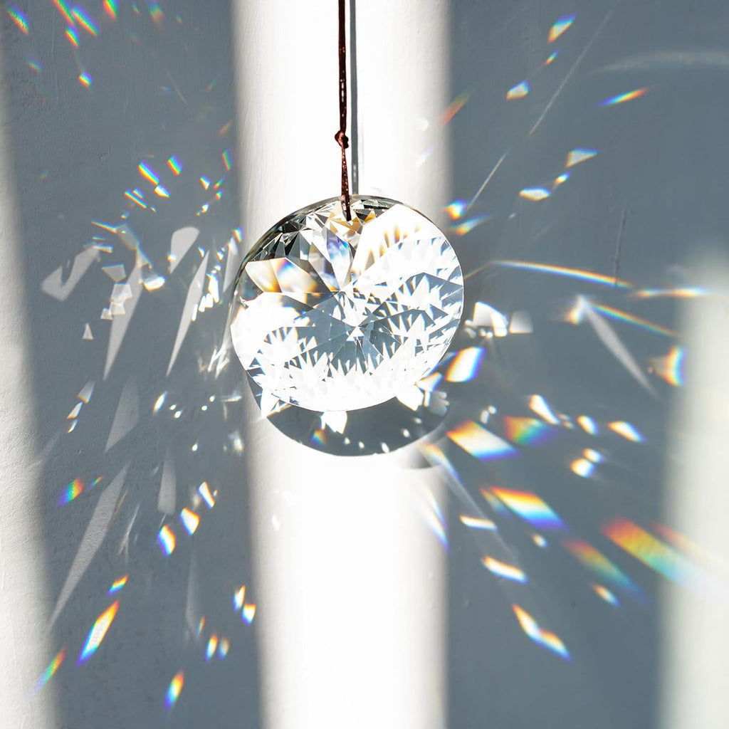 Bauhinia Hanging Faceted Crystals Large Window Prisms Suncatcher - 3inch Round Crystal Ornament, Window Hanging Decor