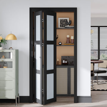 Bifold Closet Doors, Folding Door for 36" x 80" Opening, 3-Lite Tempered Frosted Glass, Black Interior Bi-fold Barn Door