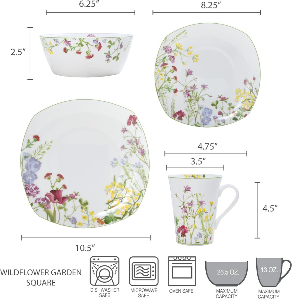 Wildflower Garden Dinnerware Set, 16-Piece Bone China Dishes Service for 4, Square Plates and Bowls Set with Mugs