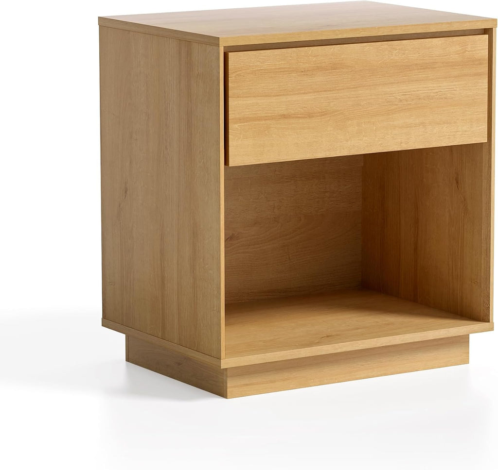 Wood End Side Table Modern Farmhouse Nightstand Bedside Cabinet with Storage Drawer and Open Shelf , Natural Oak