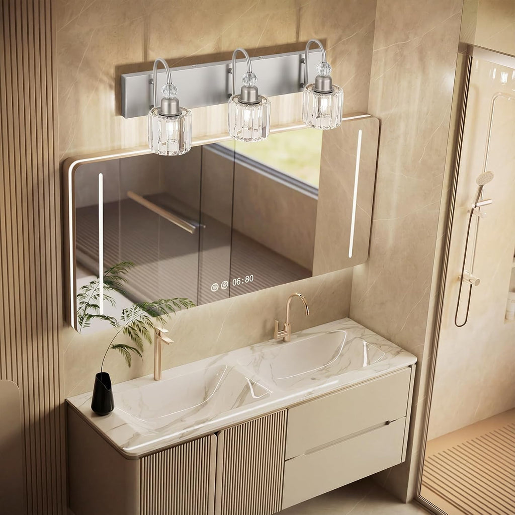Brushed Nickel Vanity Light Crystal 3-Light Modern Bathroom Light Fixtures