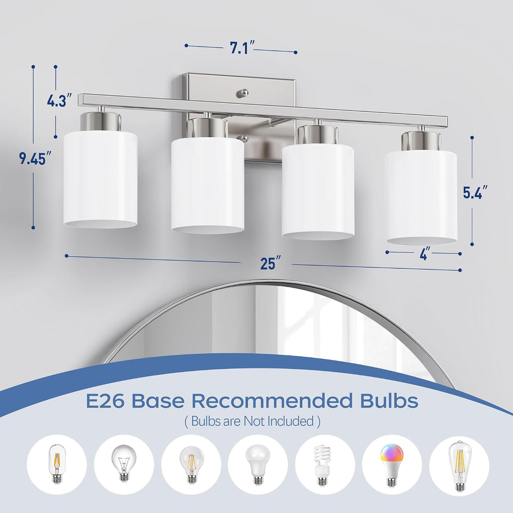 4-Light Brushed Nickel Bathroom Light Fixtures, Modern Vanity Light Over Mirror Lighting, Wall Sconce with Frosted