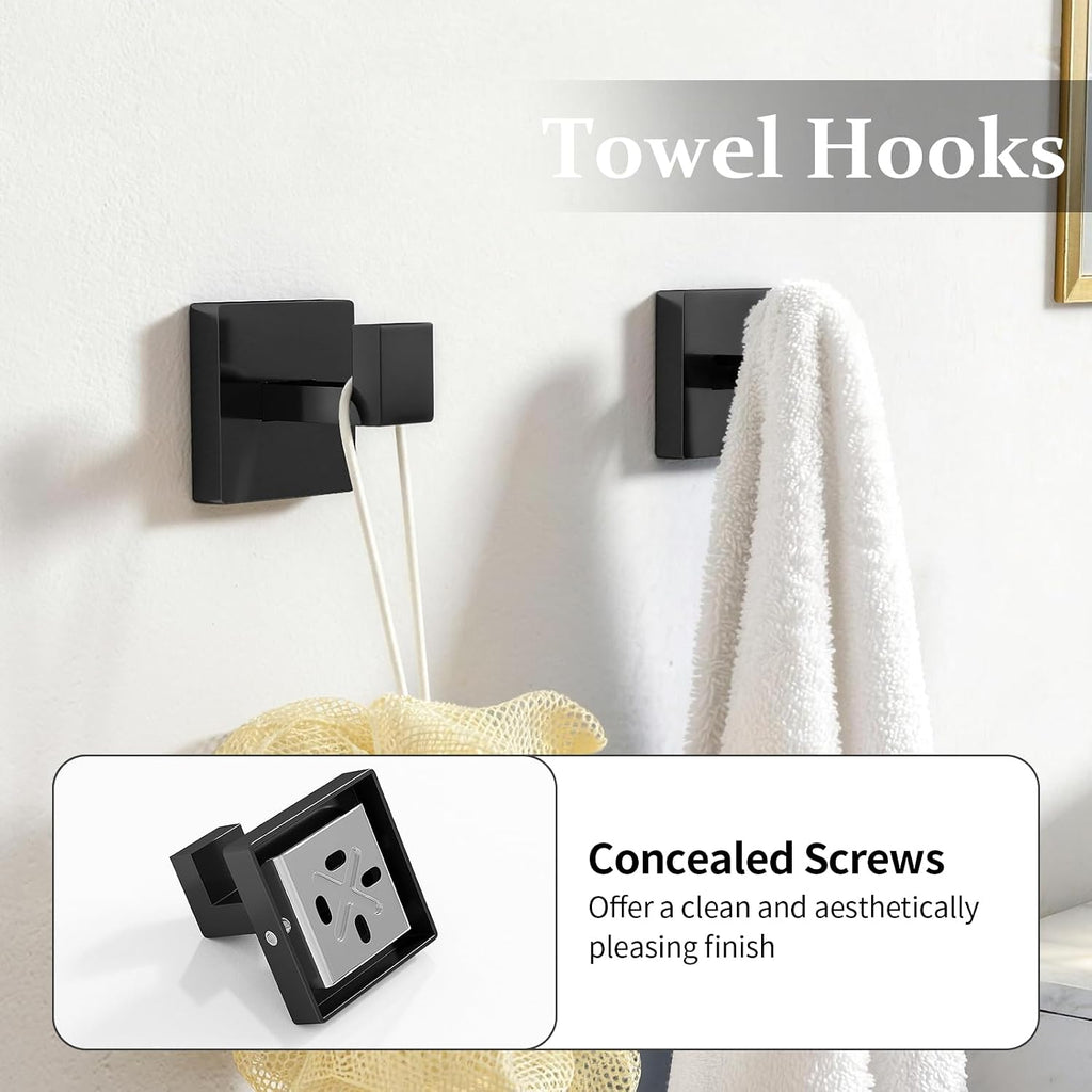 5-Piece Matte Black Bathroom Accessories Hardware Set | Stainless Steel Towel Racks , 16 Inch Bath Towel Bar Set Wall