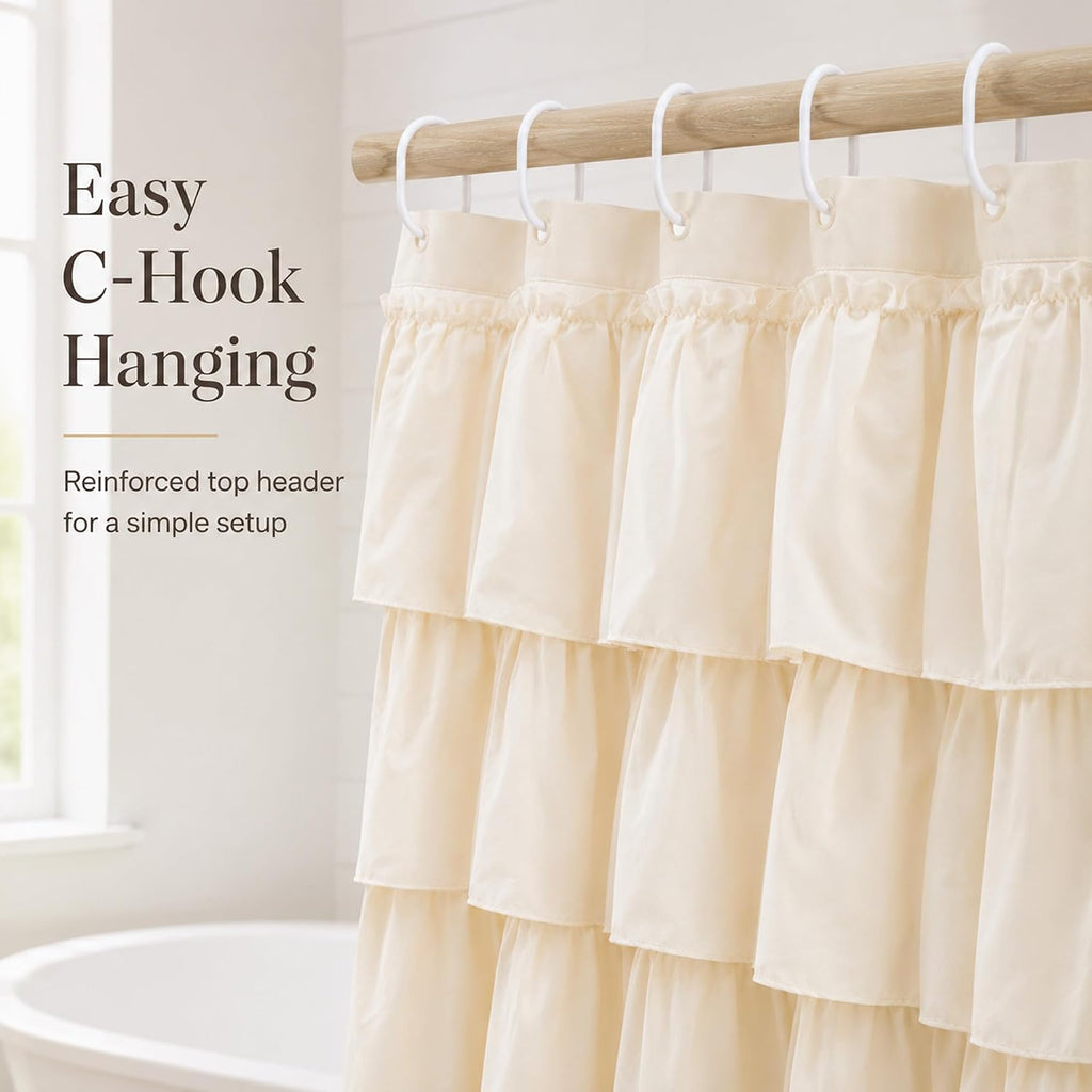Beige Ruffle Shower Curtain , 72x72, Elegant Ruffled Panle | Soft Cream Color, Cascading Waterfall Ruffles, 72 x 72