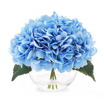 Hydrangea Fake Flowers in Vase, Silk Flowers in Vase with Faux Water Decor Indoor (Blue)