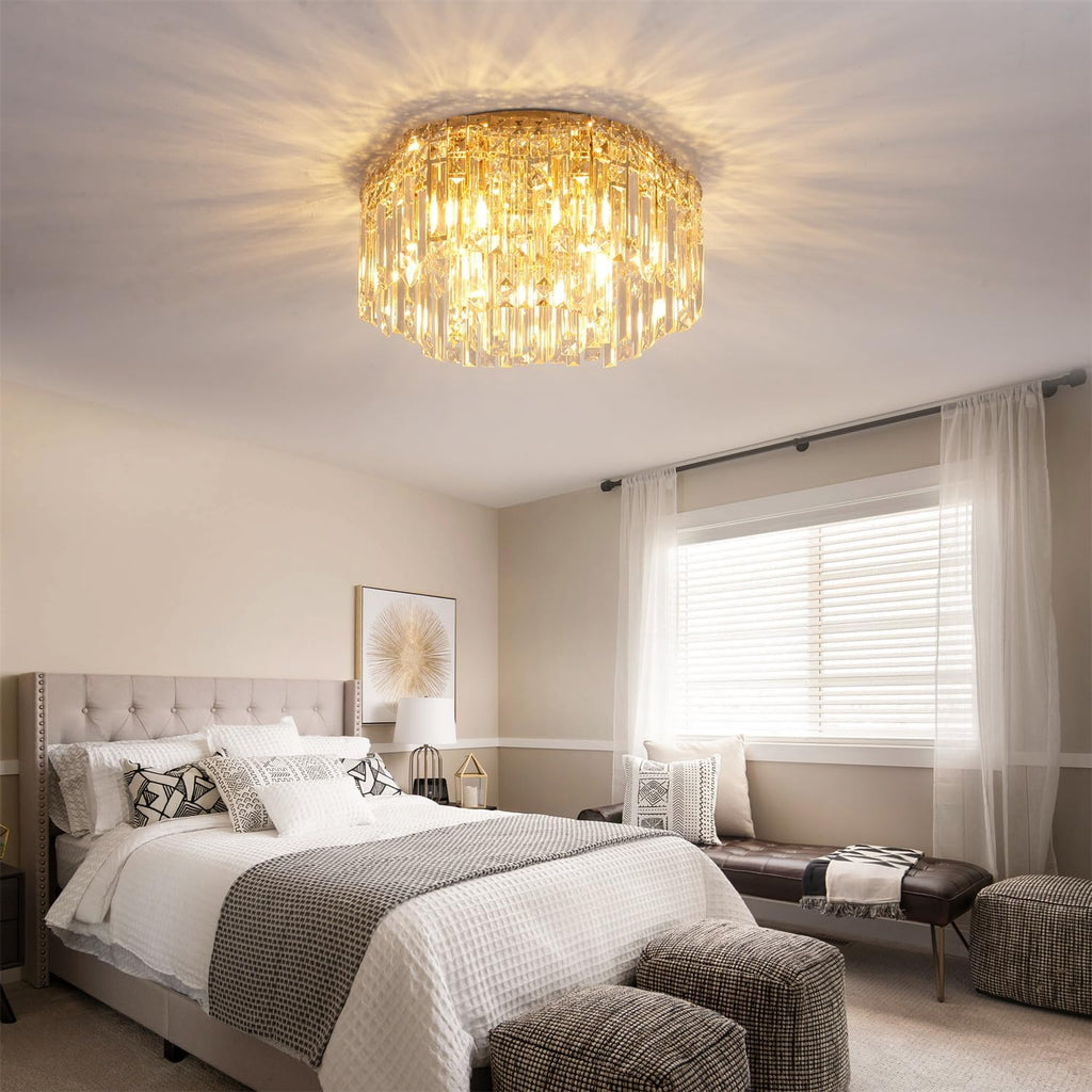 Flush Mount Crystal Chandelier, 18 inch Modern Crystal Ceiling Lights with Warm White Light Bulb (2700K), Flush Mount