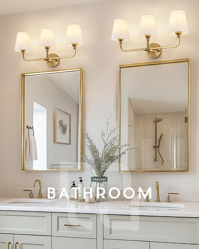 3-Light Brushed Gold Bathroom Vanity Light, Beige Fabric Shades | 24.5" bathroom light fixtures over mirror, upward
