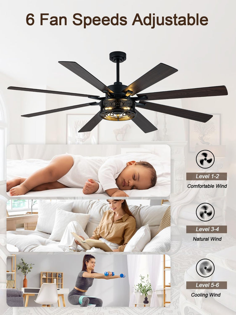 72 Inch Farmhouse Ceiling Fan with Lights and Remote Large Rustic Ceiling Fan Black Caged Fandelier Industrial