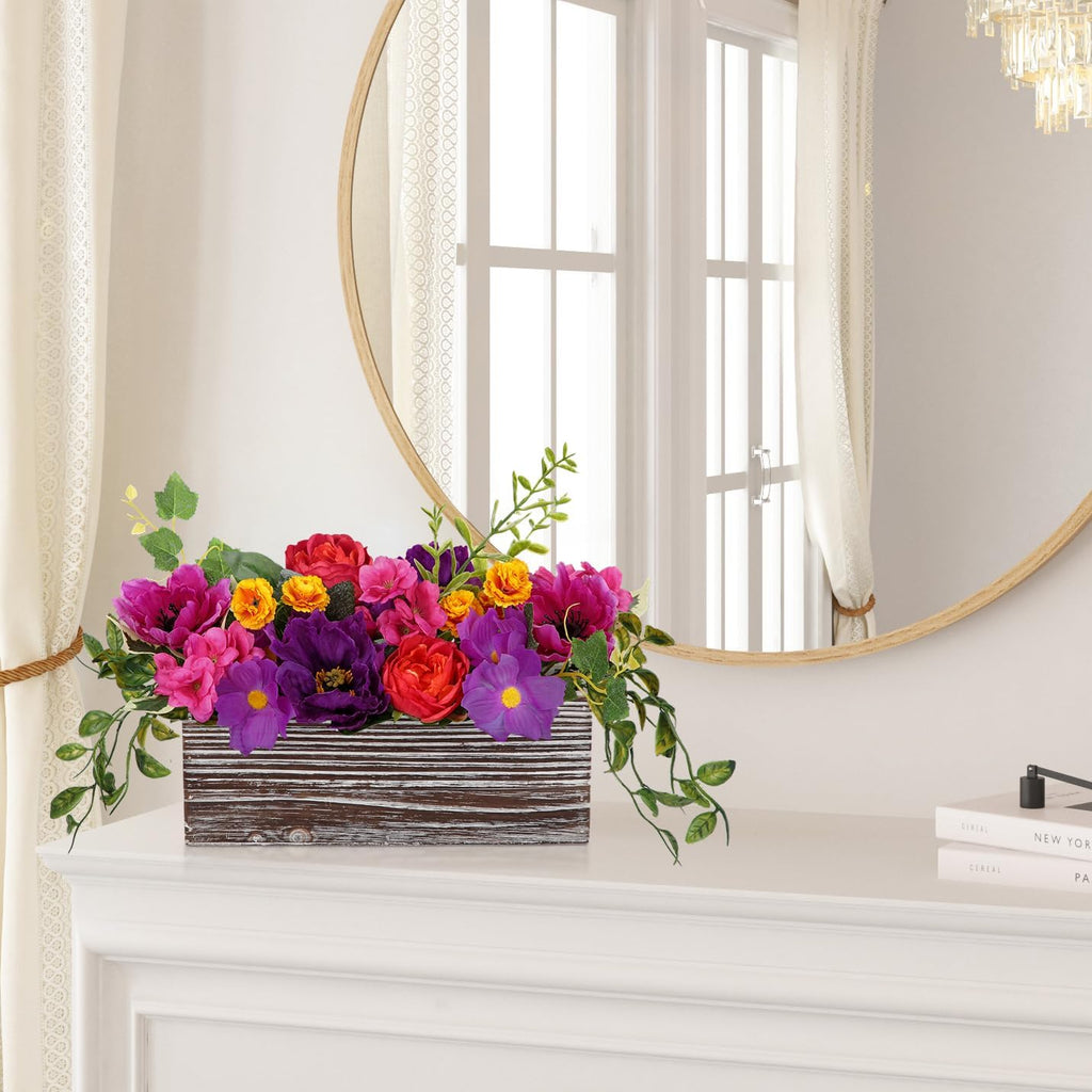 Flower Arrangement with Wooden Vase 10" Artificial Flowers in Pot - Fake Flowers in White Rectangular Wooden Vase