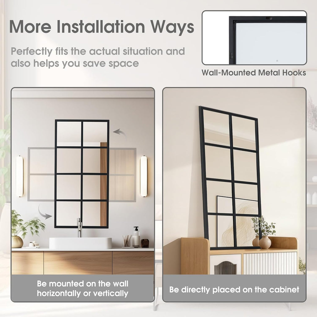 Wall Mirror 16" x 32", Set of 2 Rectangle Window Pane Decorative Mirrors, Metal Framed Wall Mounted Mirror