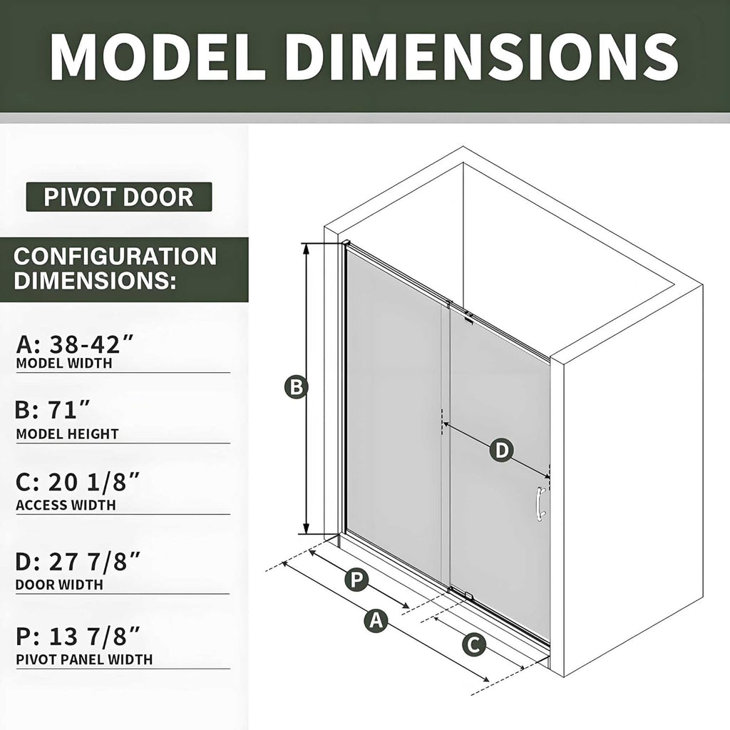 Pivot Glass Shower Door, 38-42" W x 71" H, 1/4"(6mm) Clear SGCC Tempered Glass, Brushed Gold Finish
