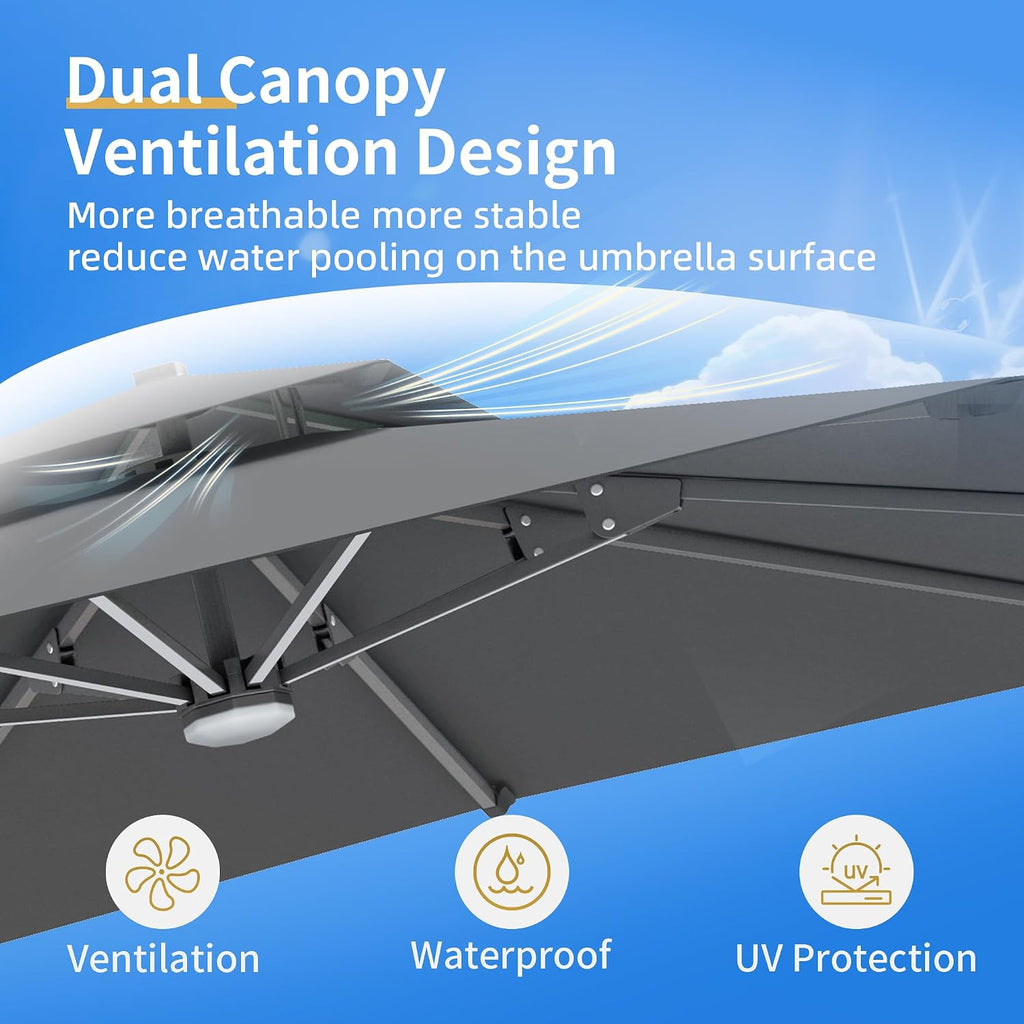 10 X 13 FT Cantilever Patio Umbrella with Base Included & Led Lights Outdoor Rectangle Offset Large Double Top Heavy - G