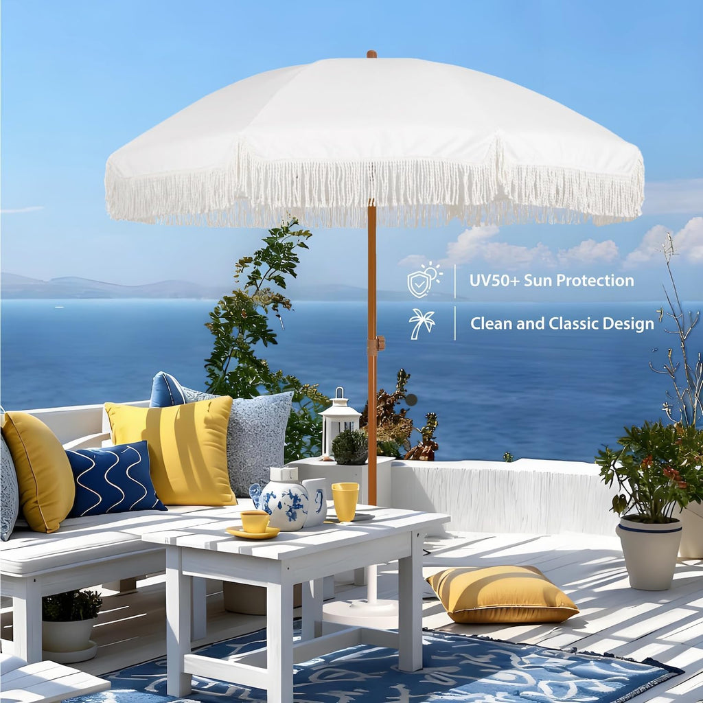 7ft Patio Umbrella with Fringe Outdoor Tassel Umbrella UPF50+ Premium Steel Pole and Ribs Push Button Tilt, Cream White
