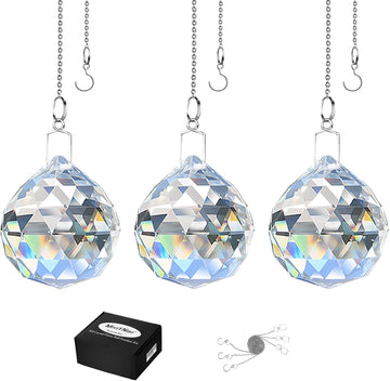 Clear Crystal Sun Catcher Suncatcher Prism Ball with Metal Chains - 3 Pack, 1.6"/ 40mm, Rainbow Pendant Maker
