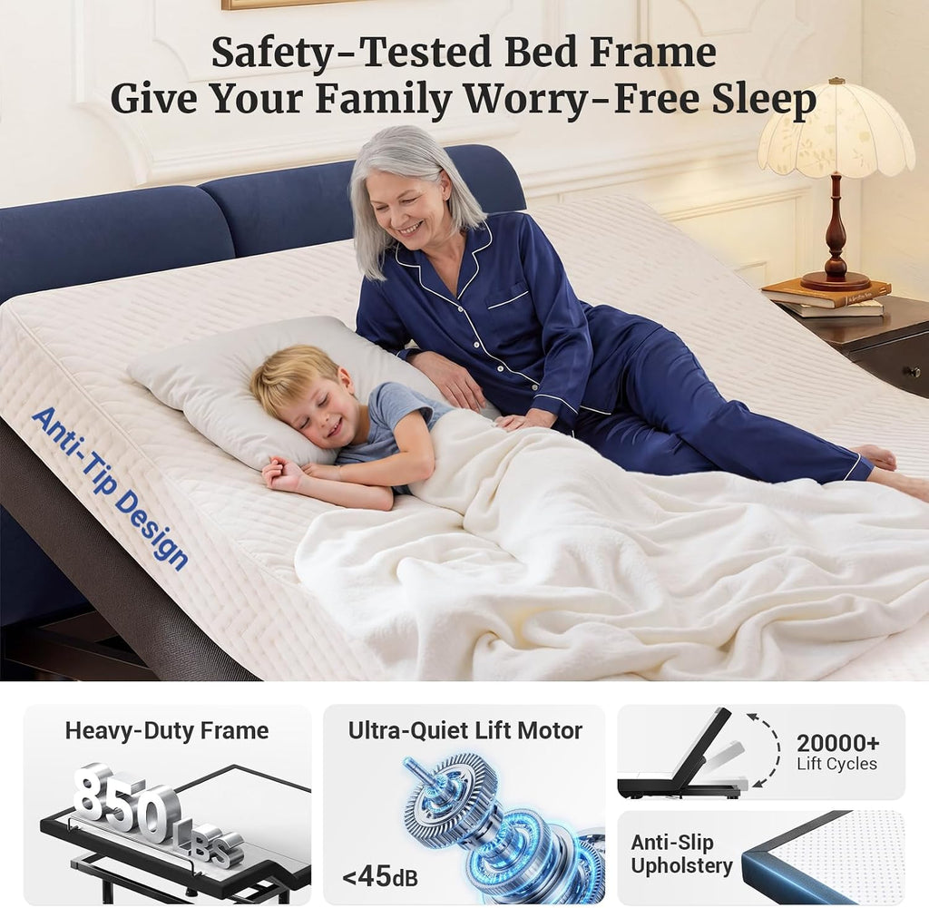 T600 Adjustable Bed Base with Massage & Remote, Ergonomic Adjustable Bed Frame Full Size with Head & Foot Incline