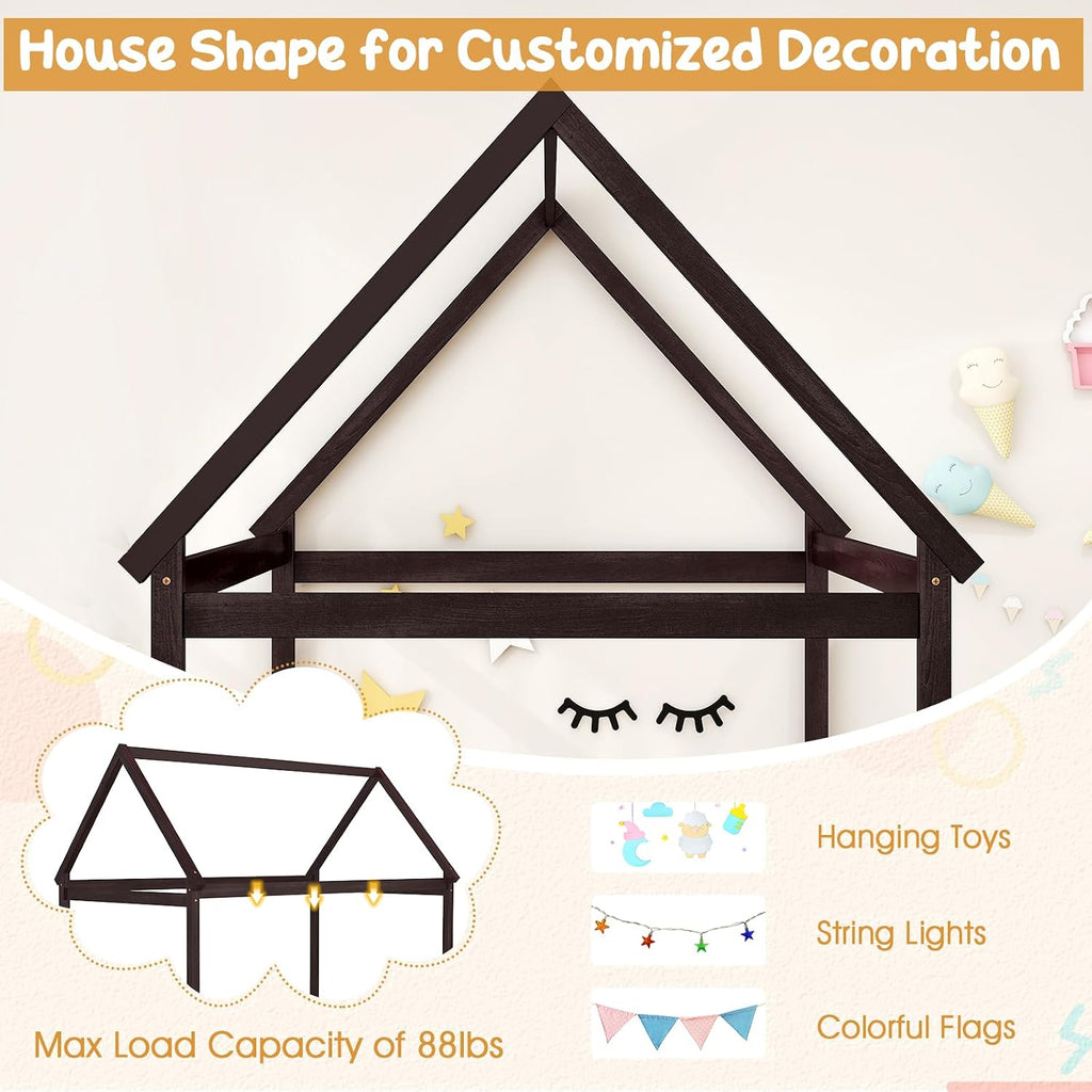 Twin Montessori Bed Frame with House Roof Canopy, Low Floor Bed with Sturdy Wood Slat Support, No Box Spring Needed