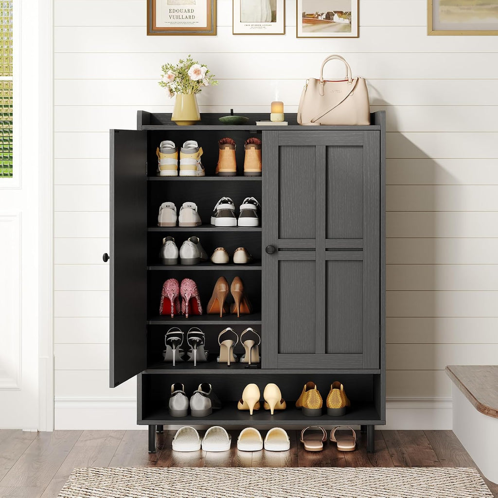 Shoe Cabinet with Cross Molding Doors, 6-Tier Shoe Storage Cabinet with 3 Adjustable Shelves and Metal Legs, 45''