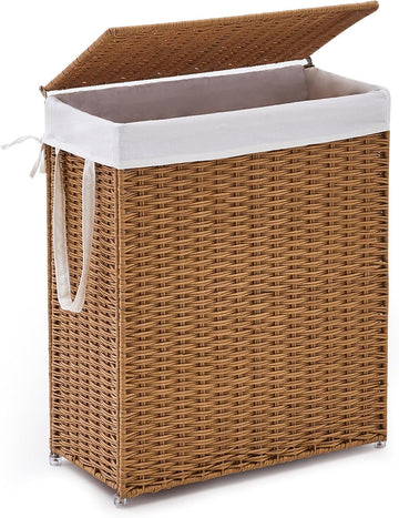 Slim Wicker Laundry Hamper with Lid, 75L Handwoven Rattan Basket with Handles, Narrow Laundry Basket with Removable