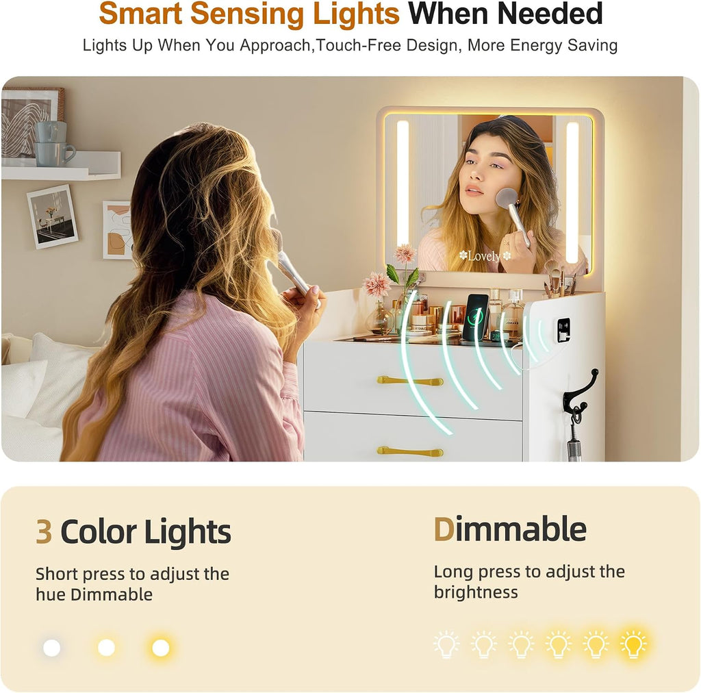 3 in 1 Vanity with Mirror and Sensor Lights,Charging Station,Pure White | Glass Top Compact Vanity with