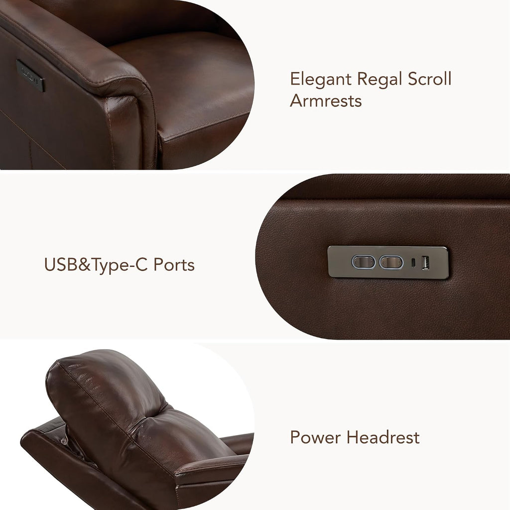 Genuine Leather Swivel Recliner Chairs for Adults, Electric Glider Rocker W Power Headrest USB-C Charger , Brown