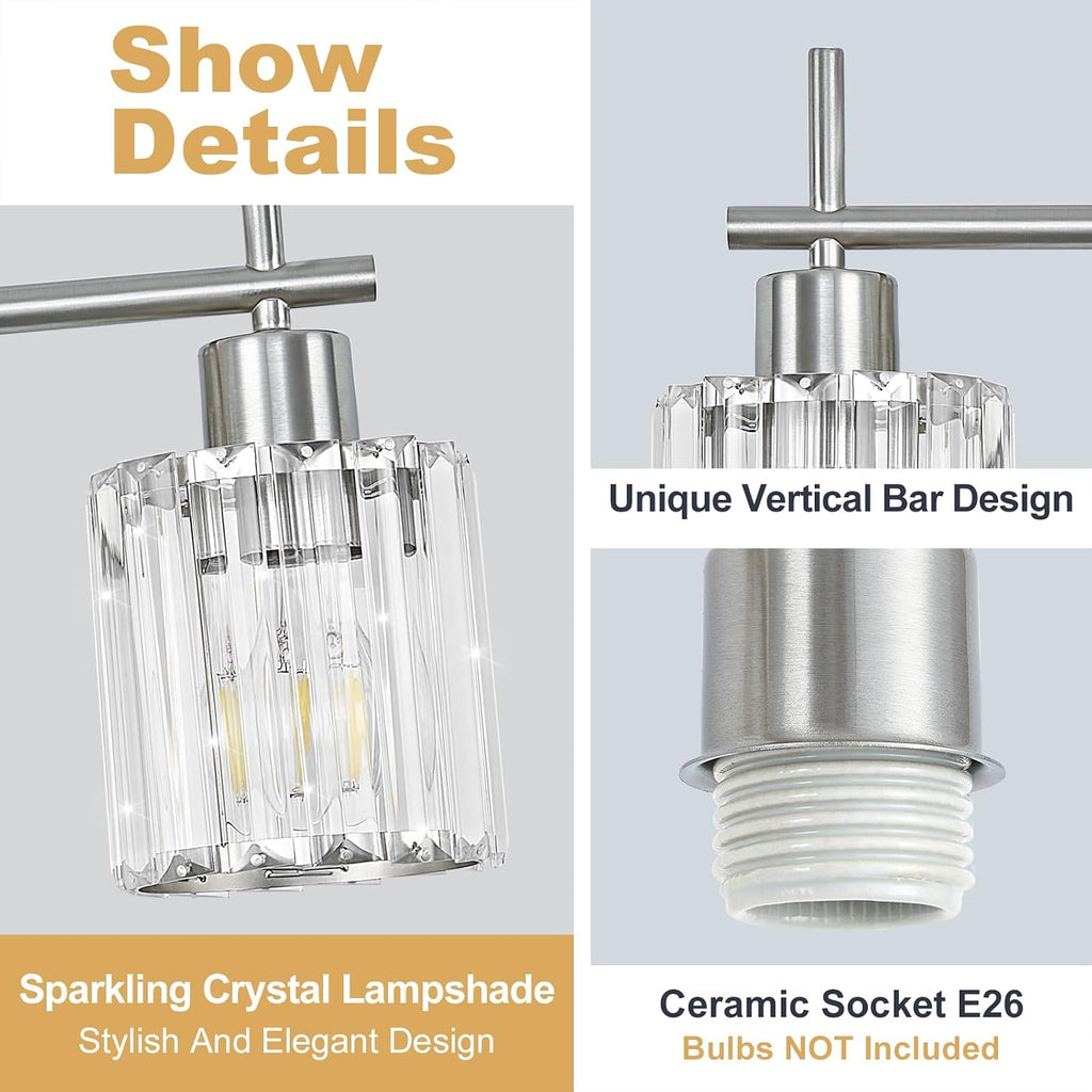 Brushed Nickel Bathroom Light Fixtures, Round, 4-Light | Vanity Lights with Crystal Shades, Modern Bathroom Lighting