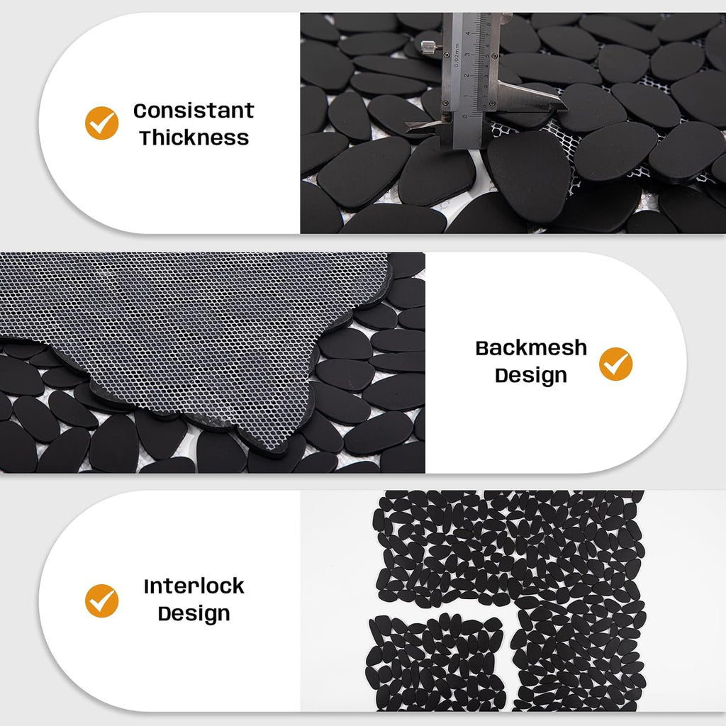 Pebble Tile for Shower Floor, Black Long Oval Pebble Mosaic Backsplash Bathroom Wall and Floor Tile and Outdoor