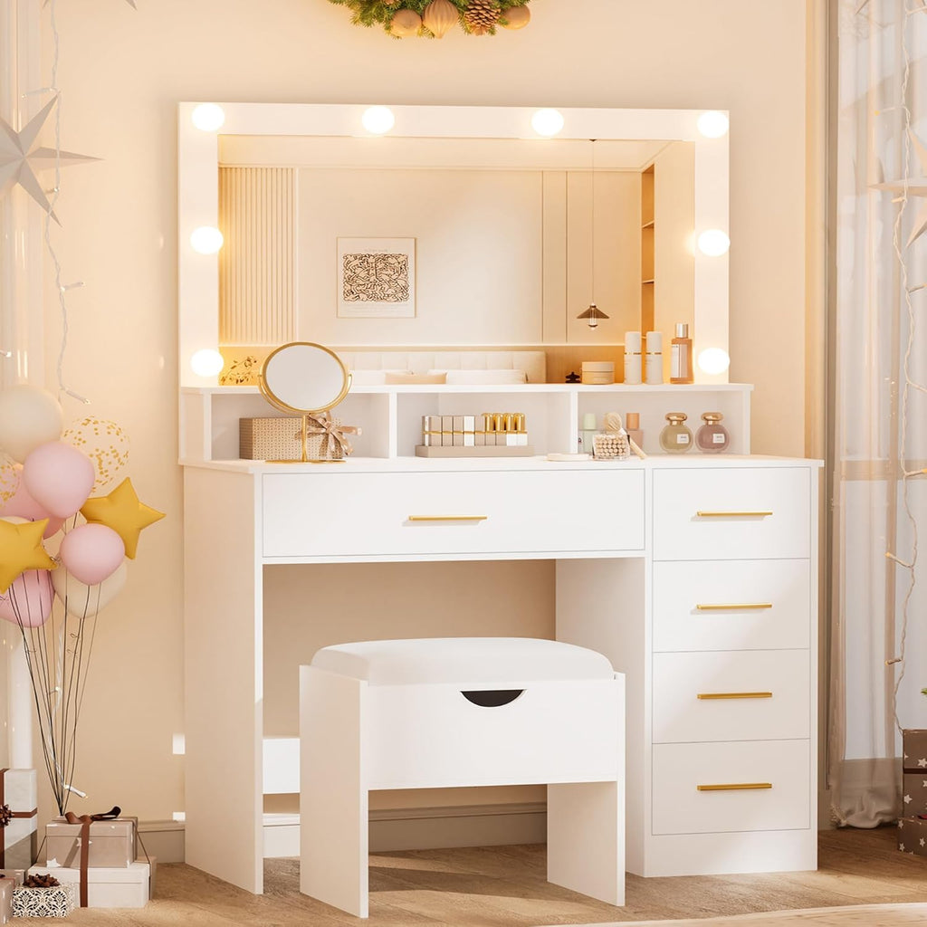 Vanity Desk with Mirror and Lights, 35.43" Large Mirror Makeup Table with Stool, 5 Drawers Dressing Table for Girls