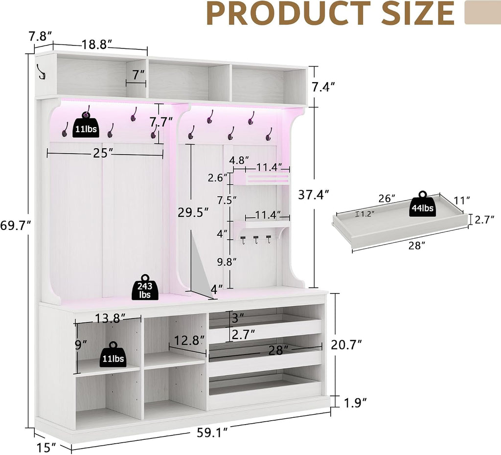70" Large Hall Tree with Bench and Adjustable Shoe Storage, 6-in-1 Farmhouse Entryway Bench w/Coat Rack, Top Storage